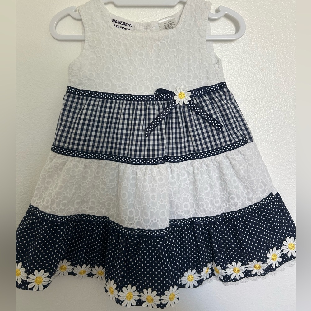 Blueberi Boulevard White and Navy Floral Kids Dress